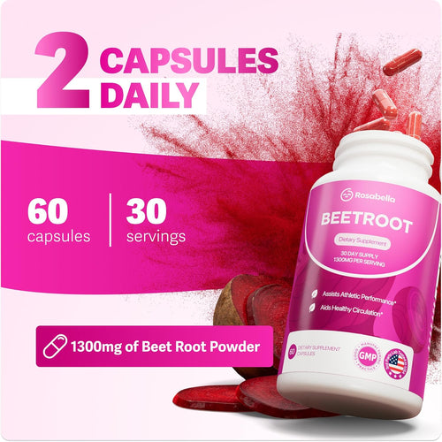 Beet Root Capsules 1300mg – Organic Nitric Oxide Support for Circulation, Energy & Stamina | Non-GMO Beetroot Supplement | 60 Capsules (30-Day Supply)